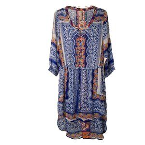 Aratta Silent Journey Blue Floral Geometric Hi Low Tunic Dress Sz S NWT